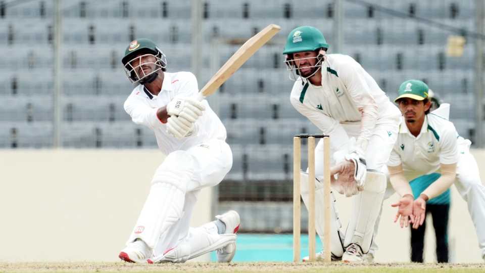 Ripon Mondol plays a shot against South Africa Emerging, Bangladesh Emerging vs South Africa Emerging, 2nd unofficial Test, Mirpur, day 2, May 28, 2025