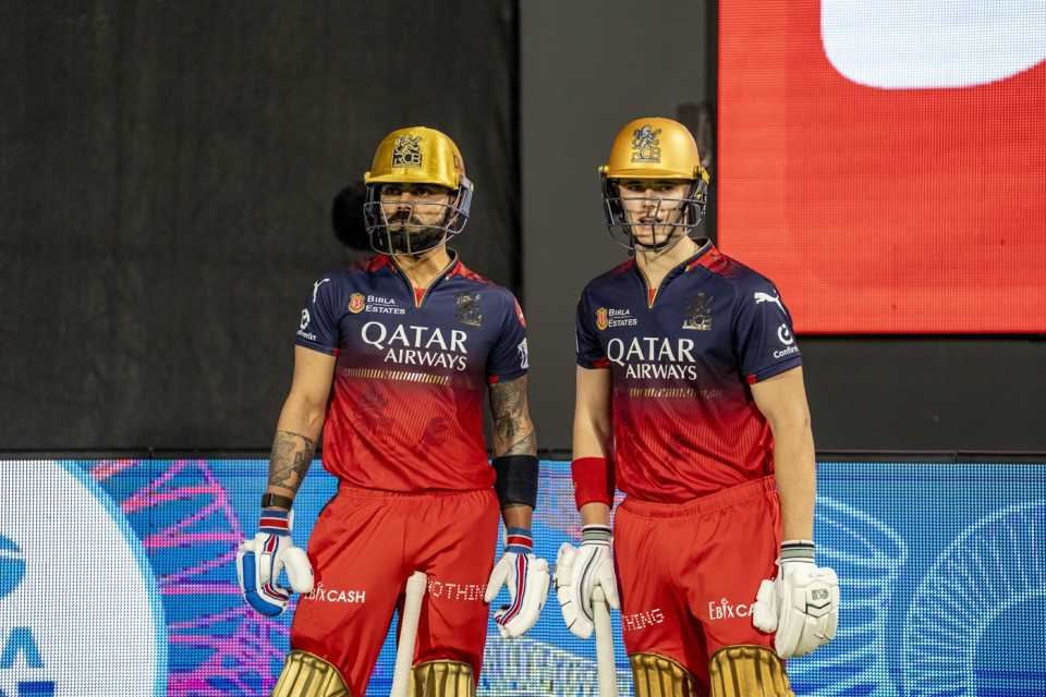 Virat Kohli and Jacob Bethell wait to walk out to bat, Royal Challengers Bengaluru vs Chennai Super Kings, IPL 2025, Bengaluru, May 3, 2025