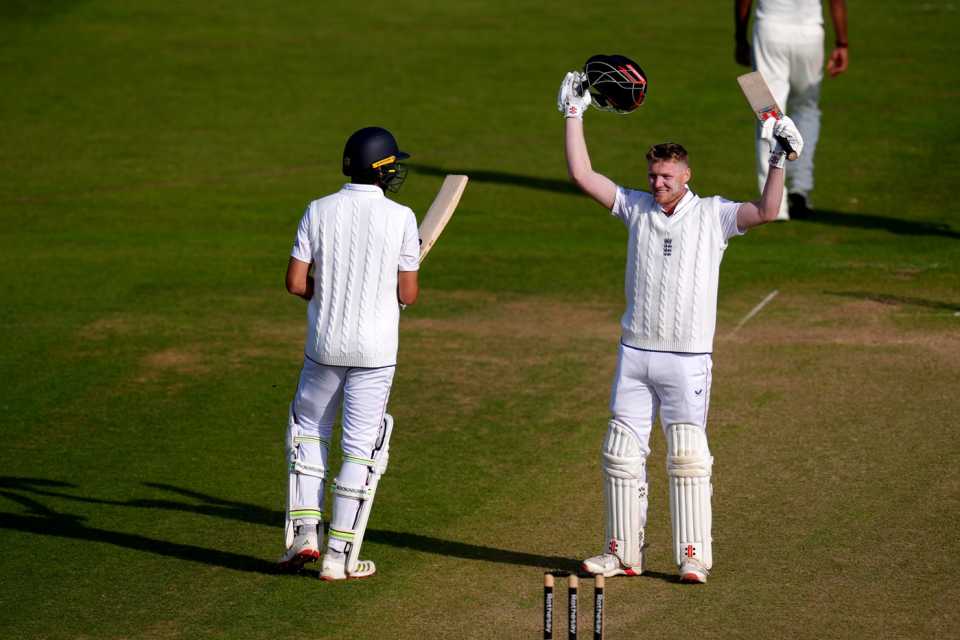 Dan Mousley celebrates a maiden first-class century, England Lions vs India A, 1st unofficial Test, Canterbury, 3rd day, June 1, 2025