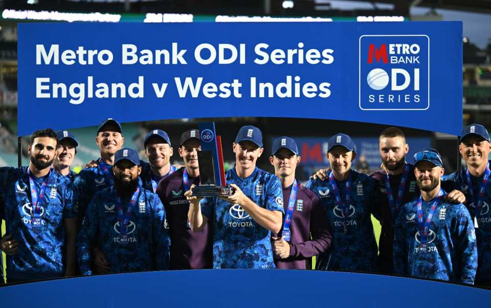 Harry Brook leads the celebrations after England's 3-0 series win, England vs West Indies, 3rd ODI, Kia Oval, June 3, 2025