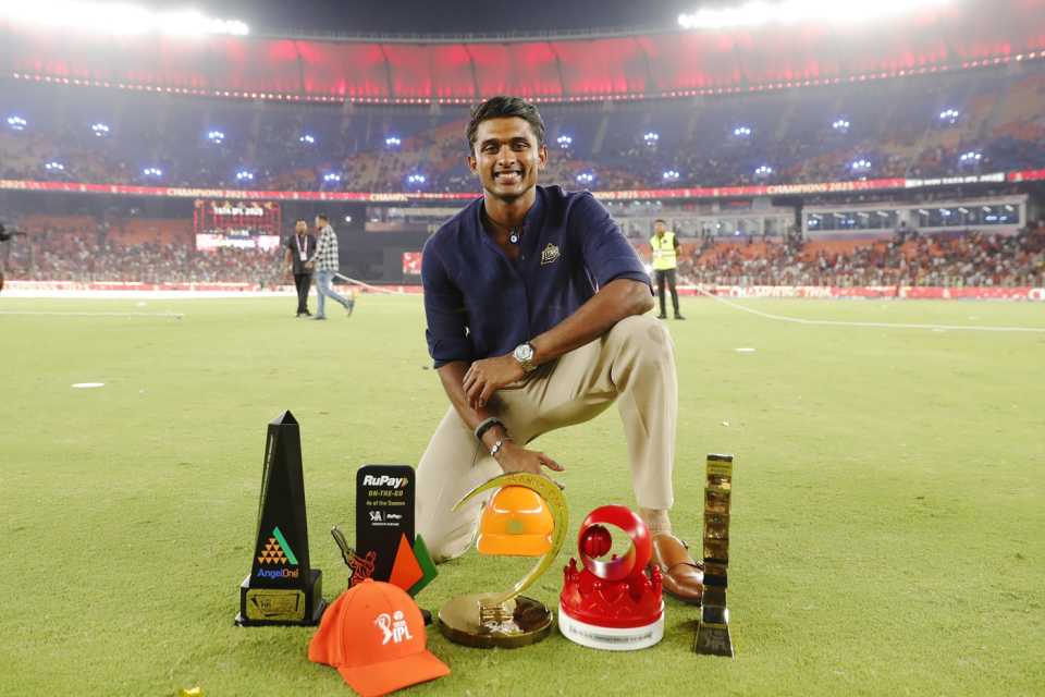 Awards galore: Sai Sudharsan displays all the awards, including the Orange Cap, he was presented during the IPL 2025 final presentation, IPL 2025, Ahmedabad, June 3, 2025