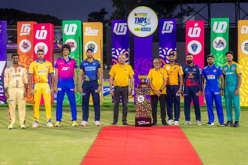 B Aparajith, R Ashwin, R Sai Kishore, M Shahrukh Khan, KB Arun Karthik, S Abishiek, NS Chaturved, J Suresh Kumar pose with the TNPL trophy, Coimbatore, June 5, 2025