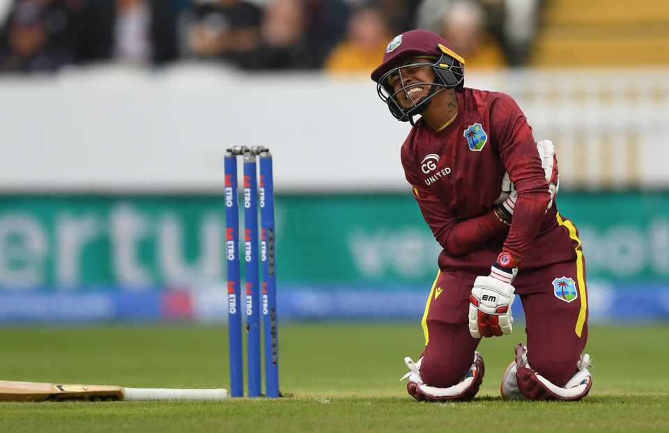 Shemaine Campbelle winces after taking a ball to the ribs, England vs West Indies, 3rd Women's ODI, Taunton, June 7, 2025