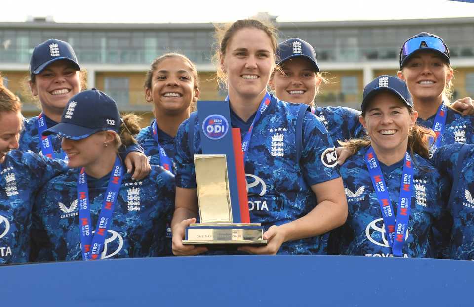 Nat Sciver-Brunt holds the series trophy after England's 3-0 win, England vs West Indies, 3rd Women's ODI, Taunton, June 7, 2025