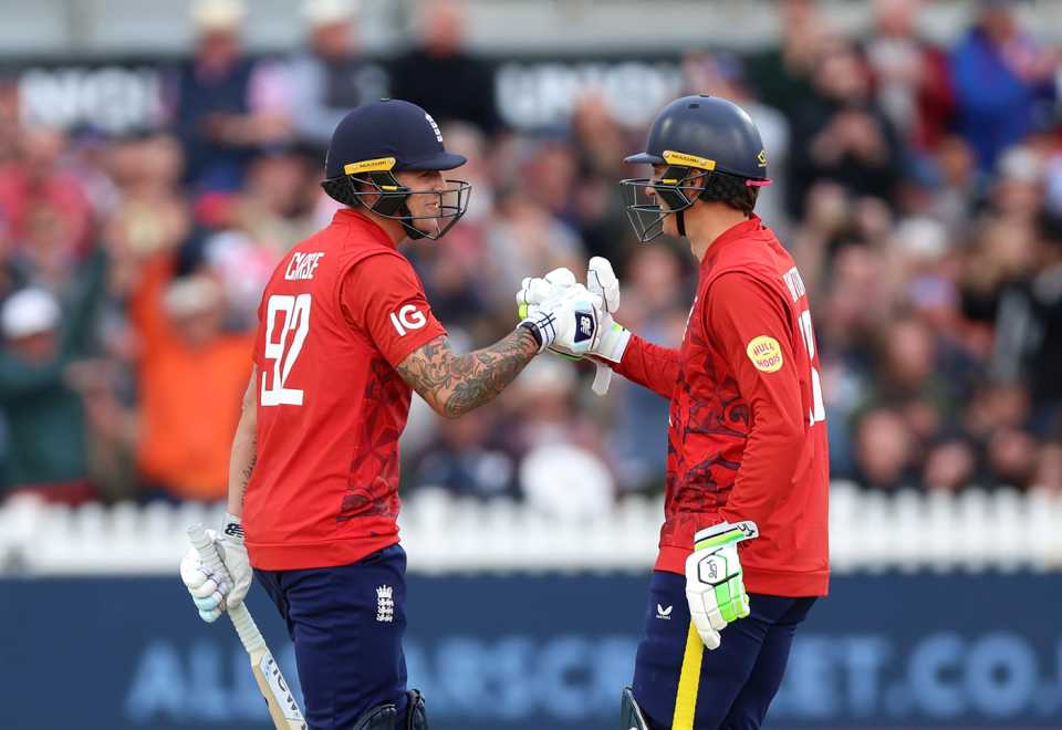 Tom Banton gets a handshake from Brydon Carse after England sealed victory, England vs West Indies, 2nd T20I, Bristol, June 8, 2025