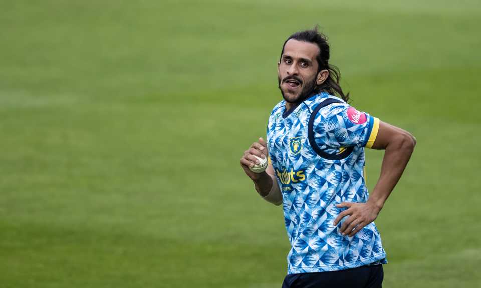 Hasan Ali celebrates taking a catch, Birmingham vs Yorkshire, Men's T20 Blast, Edgbaston, June 6, 2025