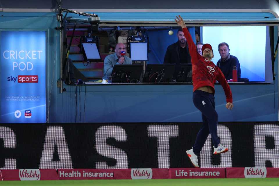 Will Jacks leaps as Mark Butcher commentates on another six for Sky Sports, England vs West Indies, 3rd T20I, Southampton, June 10, 2025