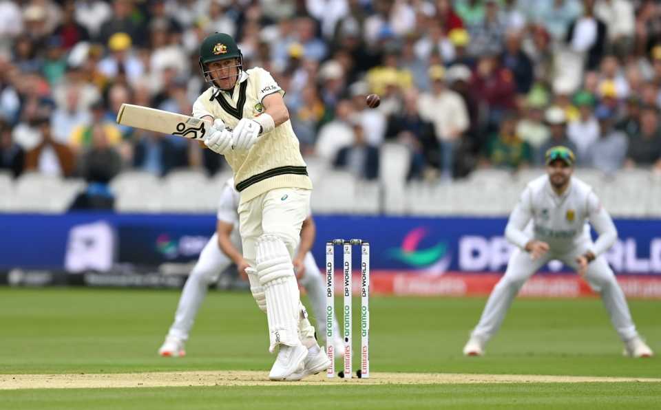 Australia opener Marnus Labuschagne checks a pull to the leg side, Australia vs South Africa, World Test Championship final, 1st day, Lord's, June 11, 2025