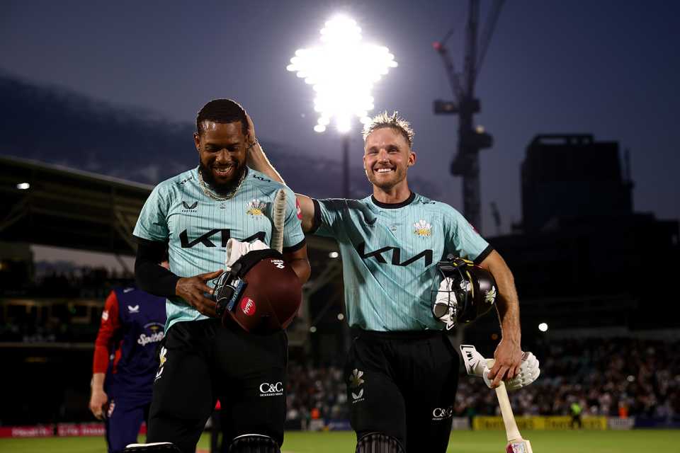 Chris Jordan and Laurie Evans walk off after sealing victory, Surrey vs Kent, Men's T20 Blast, The Oval, June 12, 2025