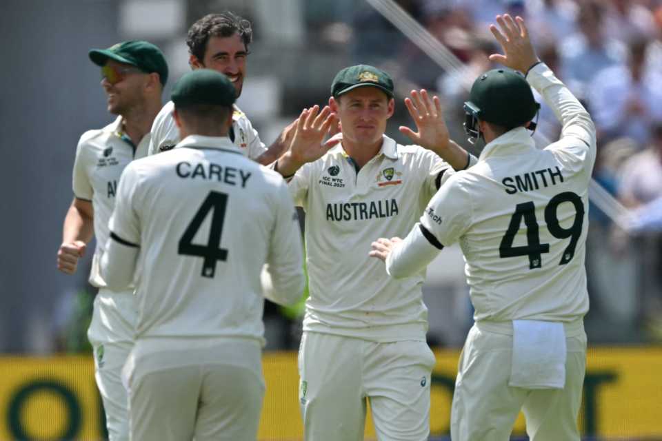 Marnus Labuschagne took a sharp catch in the covers to send back Wiaan Mulder off Mitchell Starc's bowling, Australia vs South Africa, World Test Championship final, 3rd day, Lord's, June 13, 2025