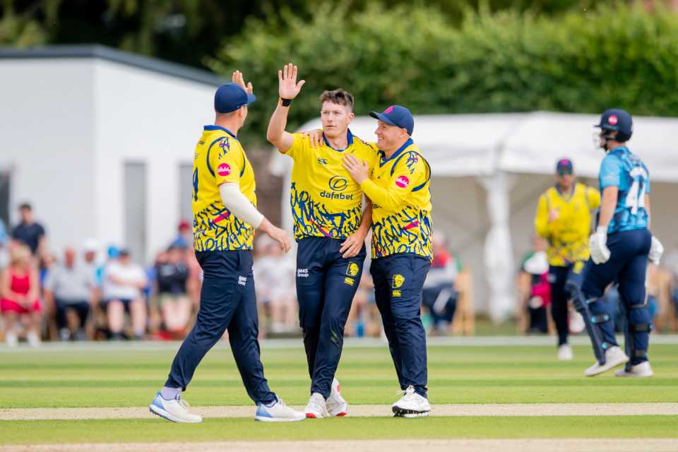 Matthew Potts celebates a breakthrough, Yorkshire vs Durham, Men's Vitality Blast, York, June 15, 2025