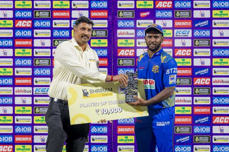 Surya Anand poses with the Player-of-the-match award, Nellai Royal Kings vs Siechem Madurai Panthers, TNPL 2025, Salem, June 18, 2025