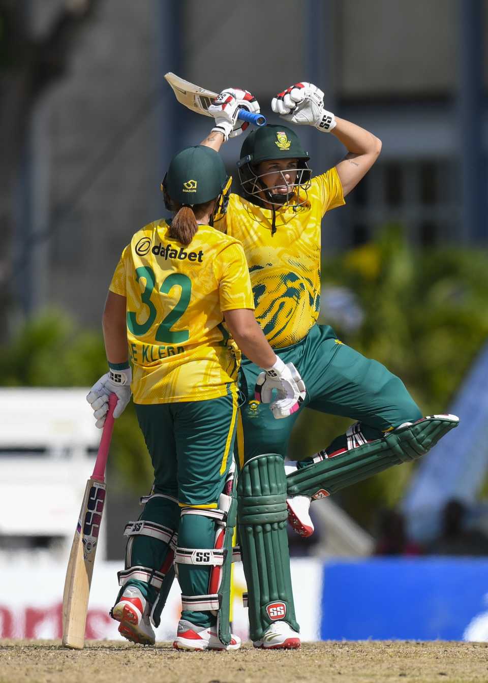 Tazmin Brits celebrates after getting to her half-century, West Indies vs South Africa, 1st T20I, Cave Hill, June 20, 2025