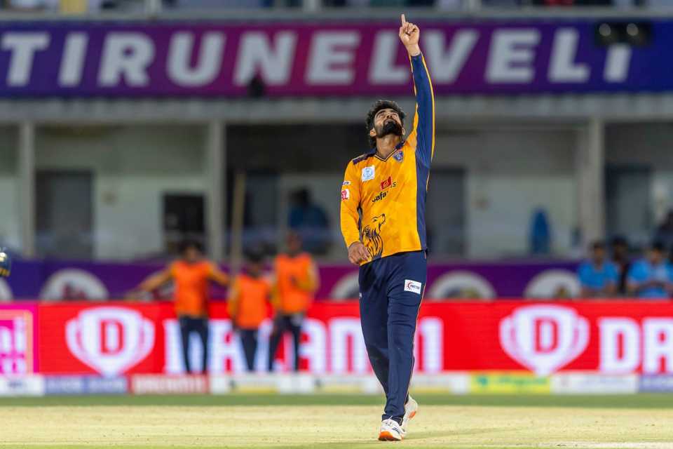 R Sonu Yadav celebrates a wicket, Nellai Royal Kings vs Lyca Kovai Kings, TNPL 2025, Tirunelveli, June 21, 2025