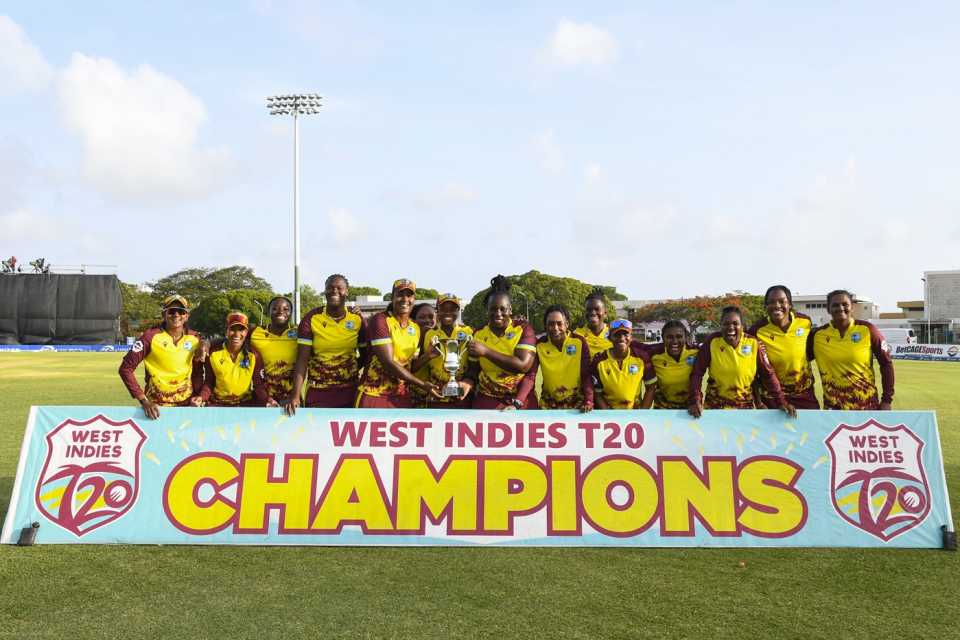The West Indies players pose with the trophy, West Indies vs South Africa, 3rd T20I, Cave Hill, June 23, 2025