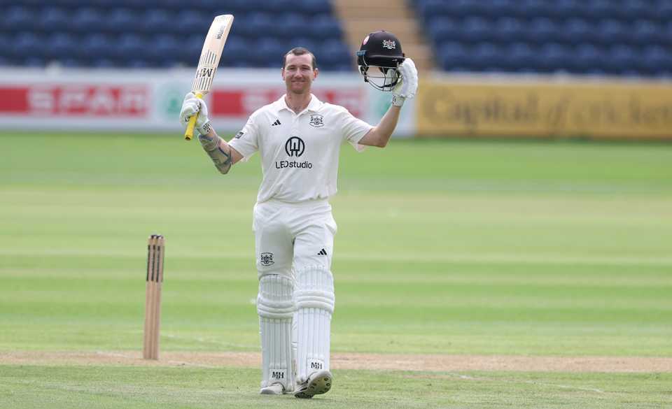 James Bracey celebrates a century, County Championship, Glamorgan vs Gloucestershire, Sophia Gardens, June 30, 2025