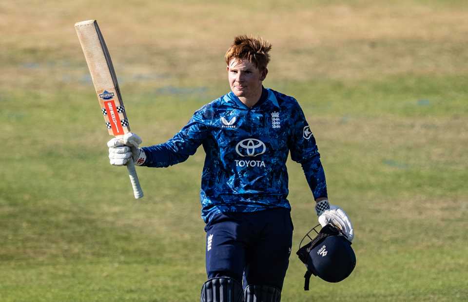 Thomas Rew celebrates reaching a 73-ball hundred, England U19s vs India U19s, 2nd Youth ODI, Northampton, June 30, 2025