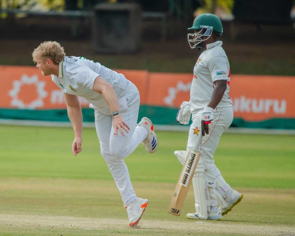 Corbin Bosch, who picked up two early wickets, has a bowl, Zimbabwe vs South Africa, 1st Test, Bulawayo, 4th day, July 1, 2025