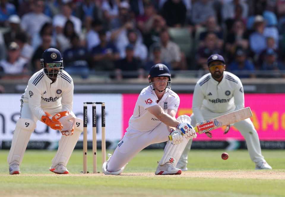 Harry Brook made regular use of the reverse-sweep, England vs India, 2nd Test, Birmingham, 3rd day, July 4, 2025