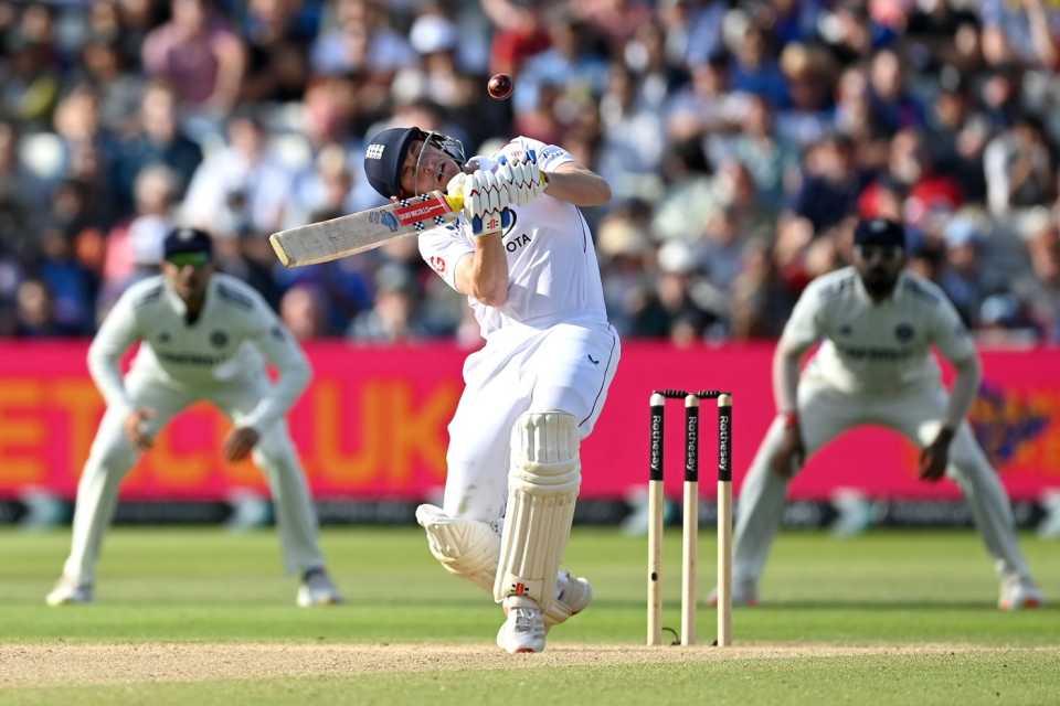 Harry Brook ducks under a short one, England vs India, 2nd Test, Birmingham, 4th day, July 5, 2025