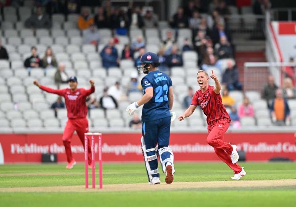 Luke Wood celebrates the wicket of Caleb Jewell with the first ball of the Derbyshire innings, Vitality Blast Men, Lancashire vs Derbyshire, July 5, 2025 