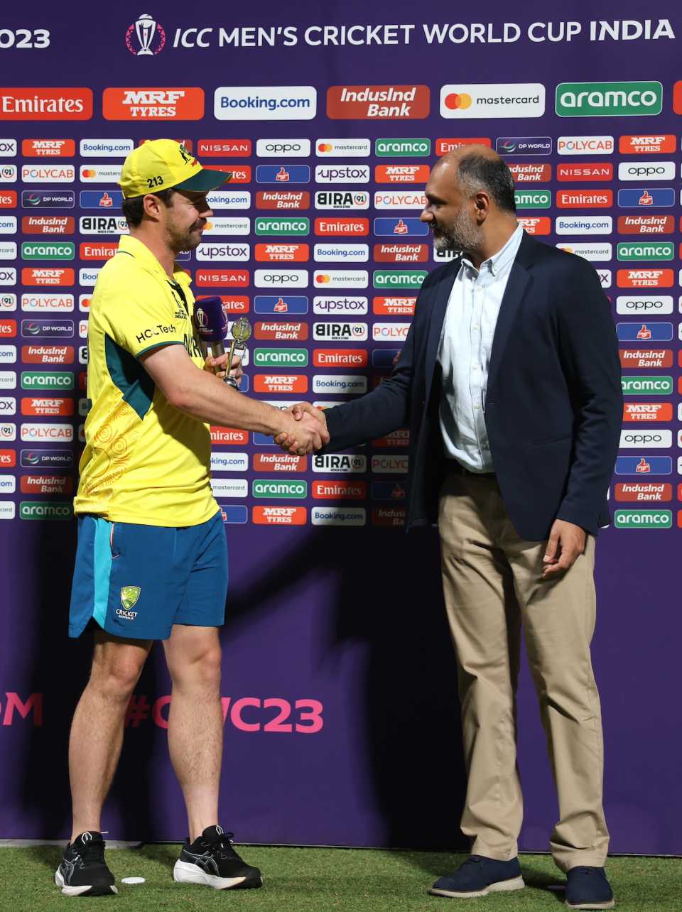Travis Head is presented the Player-of-the-Match trophy by Sanjog Gupta, Australia vs South Africa, World Cup semi-final, Kolkata, November 16, 2023