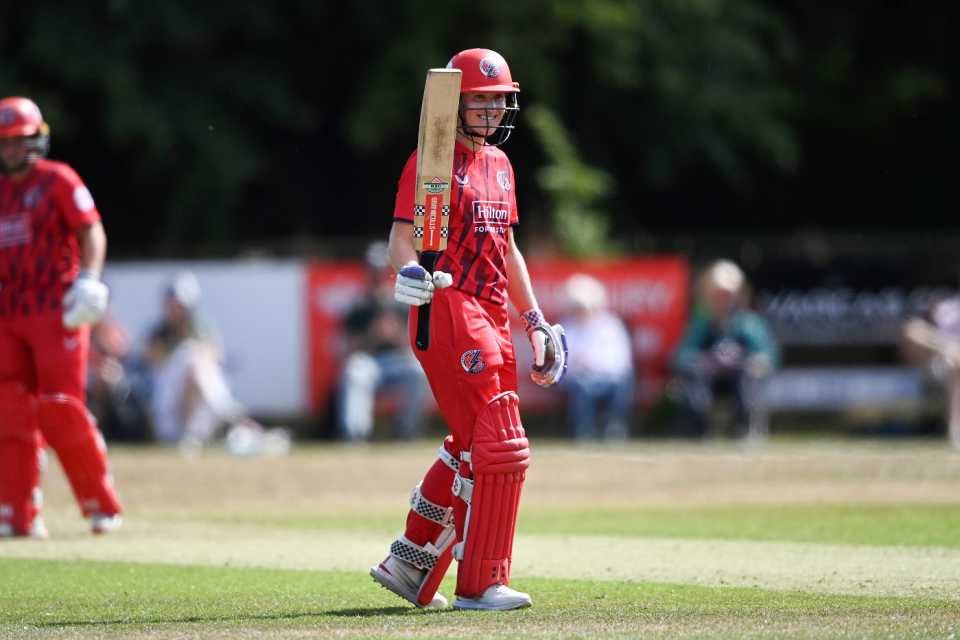 Emma Lamb celebrates her fifty for Lancashire, Women's Vitality Blast, Newbury, July 9, 2025