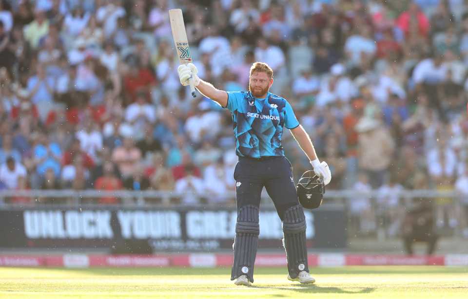 Jonny Bairstow acknowledges his century, Lancashire vs Yorkshire, Men's T20 Blast, Old Trafford, July 11, 2025