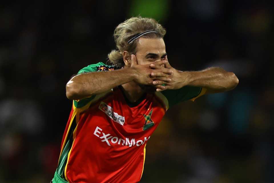 Imran Tahir celebrates getting the wicket of William Clark, Guyana Amazon Warriors vs Central Districts, Providence, GSL, July 11, 2025