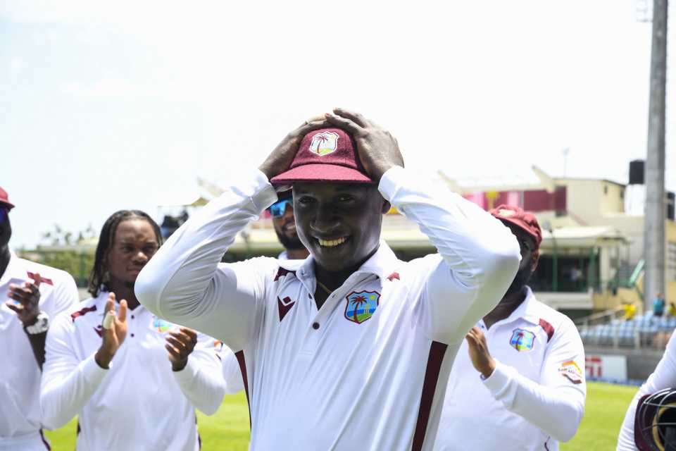 Kevlon Anderson wears his Test cap, West Indies vs Australia, 3rd Test, Kingston, Day 1, July 12, 2025