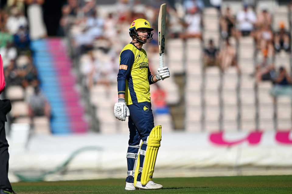 James Vince raises his bat on reaching fifty, Hampshire vs Sussex, Men's T20 Blast, Utilita Bowl, July 13, 2025