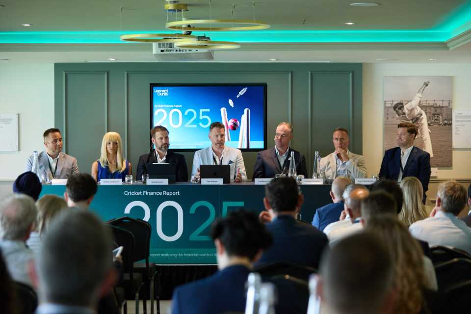 The authors of Leonard Curtis Cricket Finance Report, including Professor Rob Wilson (centre) and Michael Vaughan (second from right), July 15, 2025