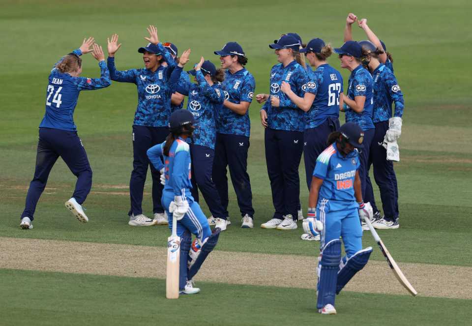 ENGWvsINDW, 1st WODI: England celebrate the wicket of Harmanpreet Kaur | sportzpoint.com