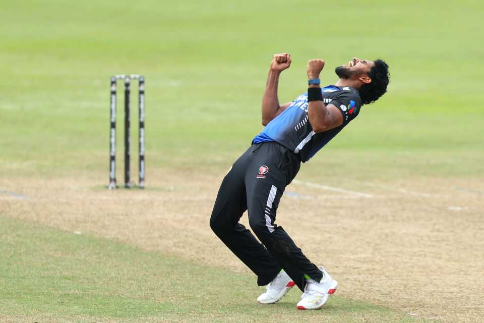 Khaled Ahmed celebrates after closing out the game, Dubai Capitals vs Rangpur Riders, GSL, Guyana, July 16, 2025