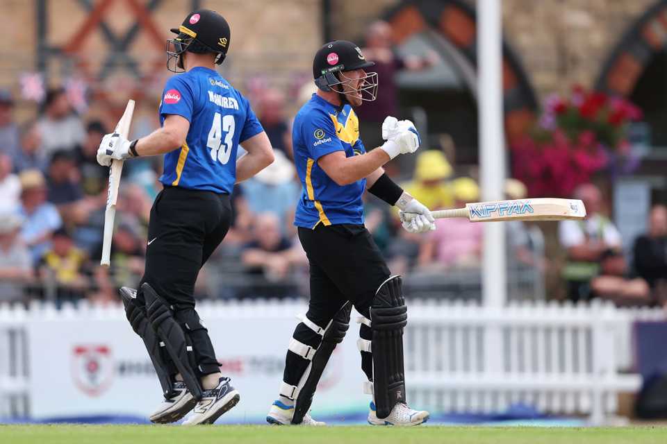 Danny Lamb celebrates after hitting the winning runs, Gloucestershire vs Sussex, Men's T20 Blast, Cheltenham, July 17, 2025