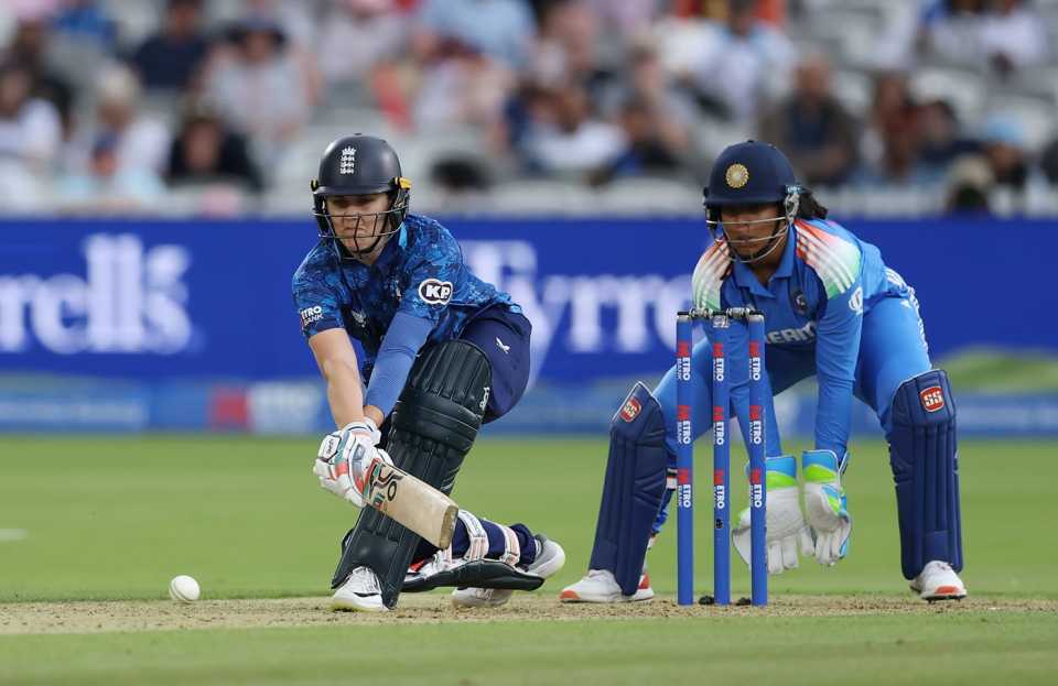 Nat Sciver-Brunt prepares to reverse-sweep, England vs India, 2nd women's ODI, Lord's, London, July 19, 2025
