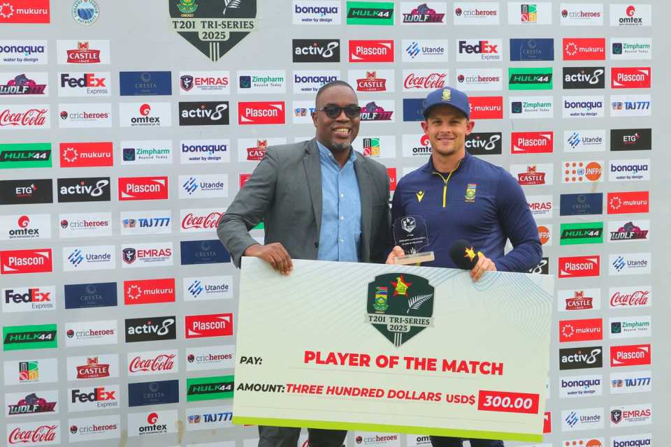Rubin Hermann was the Player of the Match in just his third T20I, Zimbabwe vs South Africa, Men's T20I tri-series, Harare, July 20, 2025