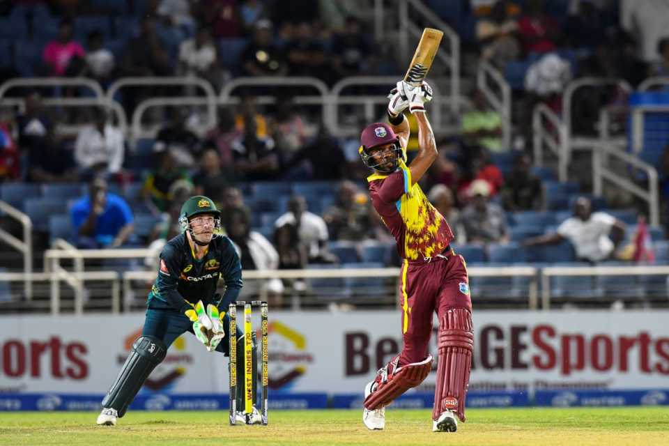Roston Chase launches down the ground, West Indies vs Australia, 1st T20I, Jamaica, July 20, 2025