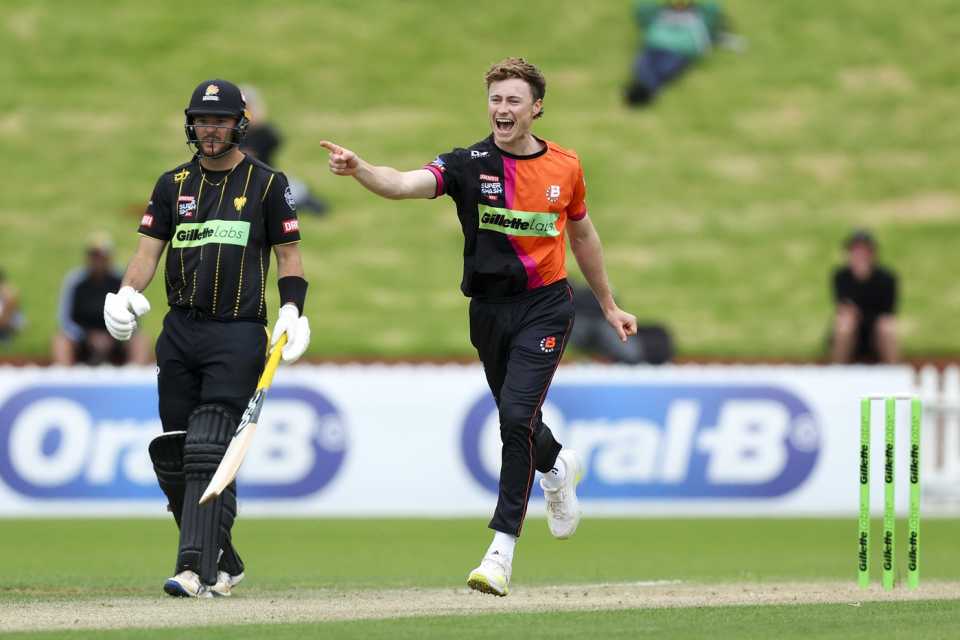 Matt Fisher is overjoyed after taking a wicket, Wellington vs Northern Districts, Super Smash 2024-25, Wellington, January 15, 2024