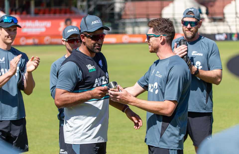 Ish Sodhi is embraced by Mitchell Santner ahead of his 200th international appearance for New Zealand, New Zealand vs South Africa, Harare, July 16, 2025