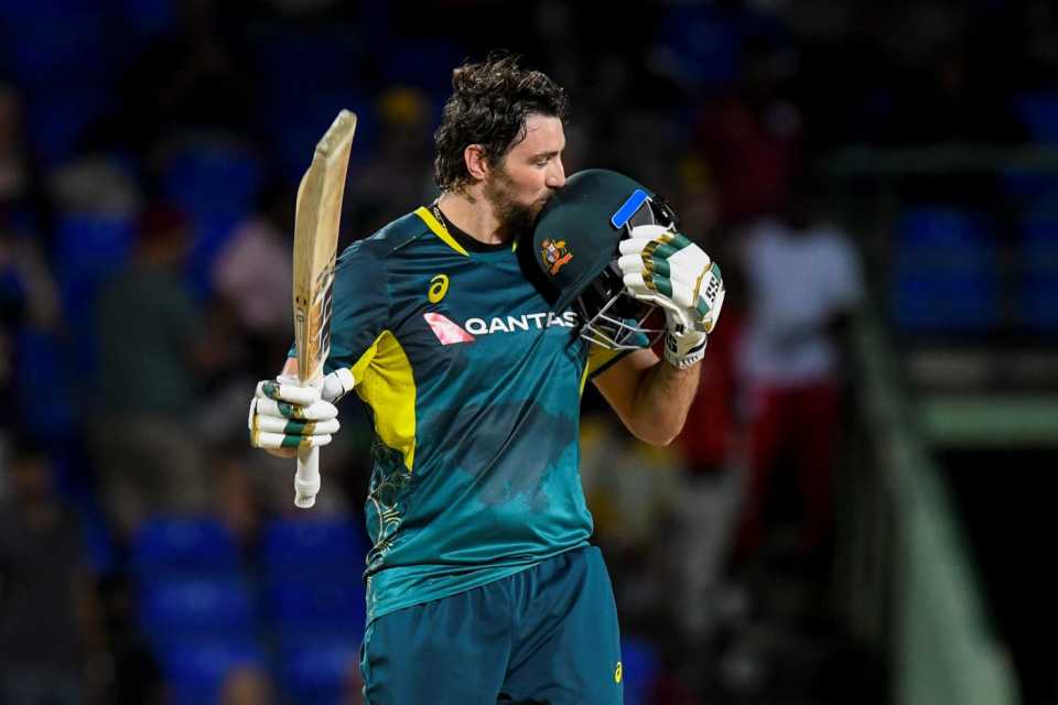 Tim David celebrates his first T20 century, West Indies vs Australia, 3rd T20I, Basseterre, July 25, 2025