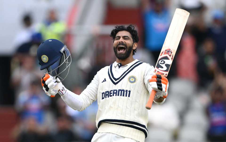 Ravindra Jadeja celebrates his century, England vs India, 4th Test, Manchester, 5th day, July 27, 2025
