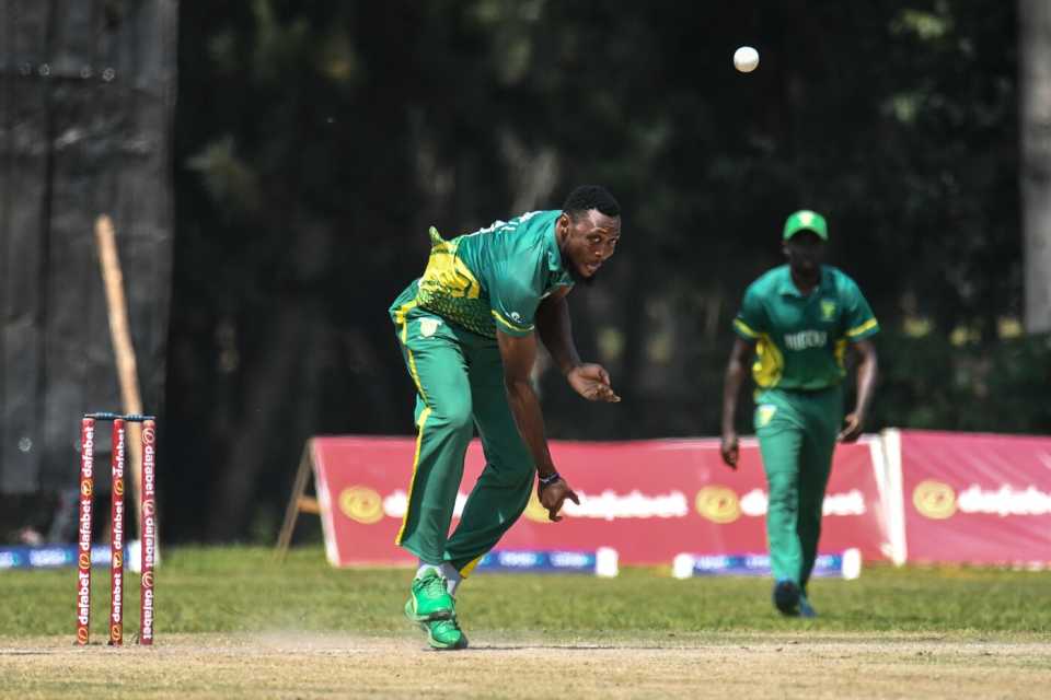 Isaac Okpe bowls for Nigeria, 17th match, Kenya vs Nigeria, Entebbe, Uganda, July 27, 2025