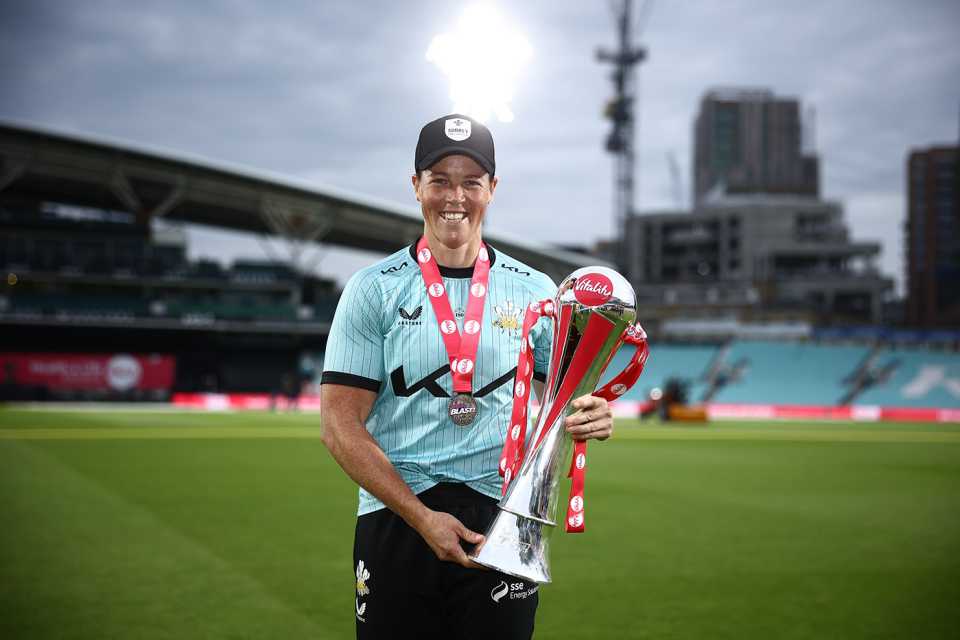Grace Harris poses with the Women's T20 Blast trophy, Surrey vs Birmingham, Women's T20 Blast final, The Oval, July 27, 2023