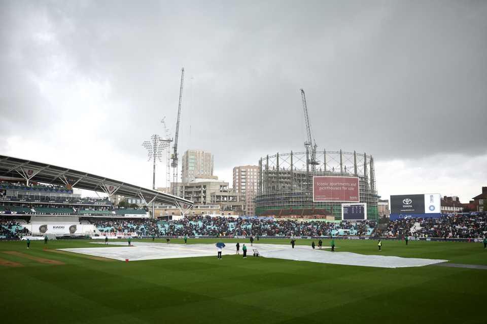 The covers were firmly in place at The Oval, England vs India, 5th Test, first day, The Oval, July 31, 2025