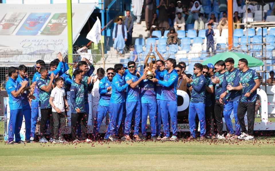 Amo Sharks lift the trophy to celebrate their title win, Mis Ainak Knights vs Amo Sharks, Kabul, Shpageeza Cricket League final, July 31, 2025