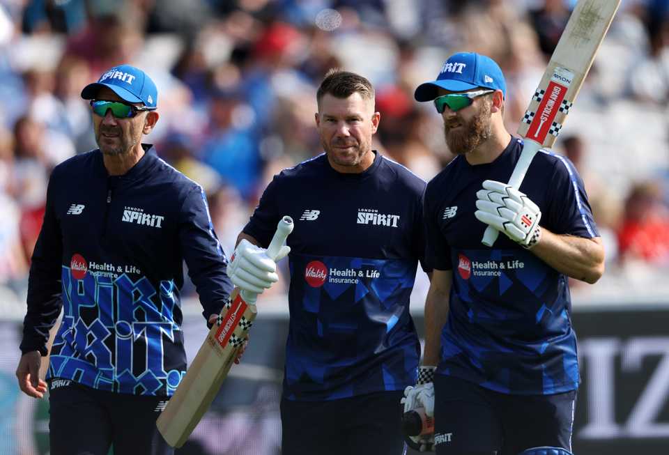 Justin Langer, David Warner and Kane Williamson arrive before the game, London Spirit vs Oval Invincibles, Men's Hundred, Lord's, August 5, 2025