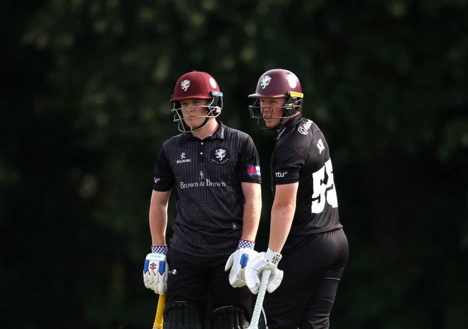 Brothers James Rew and Thomas Rew of Somerset in conversation between overs, Metro Bank One Day Cup, Middlesex vs Somerse, Radlett, August 06, 2025