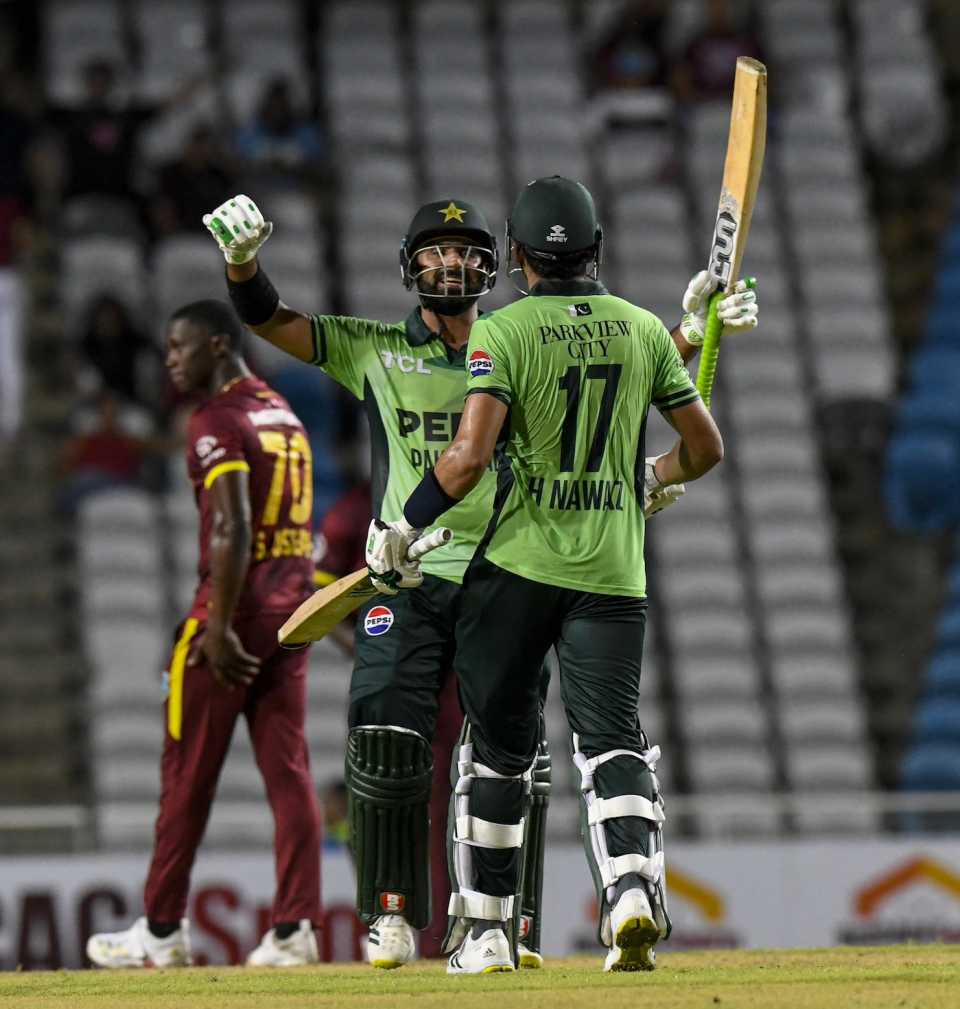 Hussain Talat and Hasan Nawaz celebrate after finishing the job, West Indies vs Pakistan, 1st ODI, Tarouba, August 8, 2025