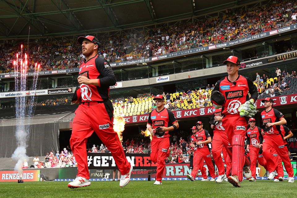 Aaron Finch leads Melbourne Renegades out on to the field, Melbourne Renegades v Melbourne Stars, Final, BBL 2018-19, Melbourne, 17 February, 2019